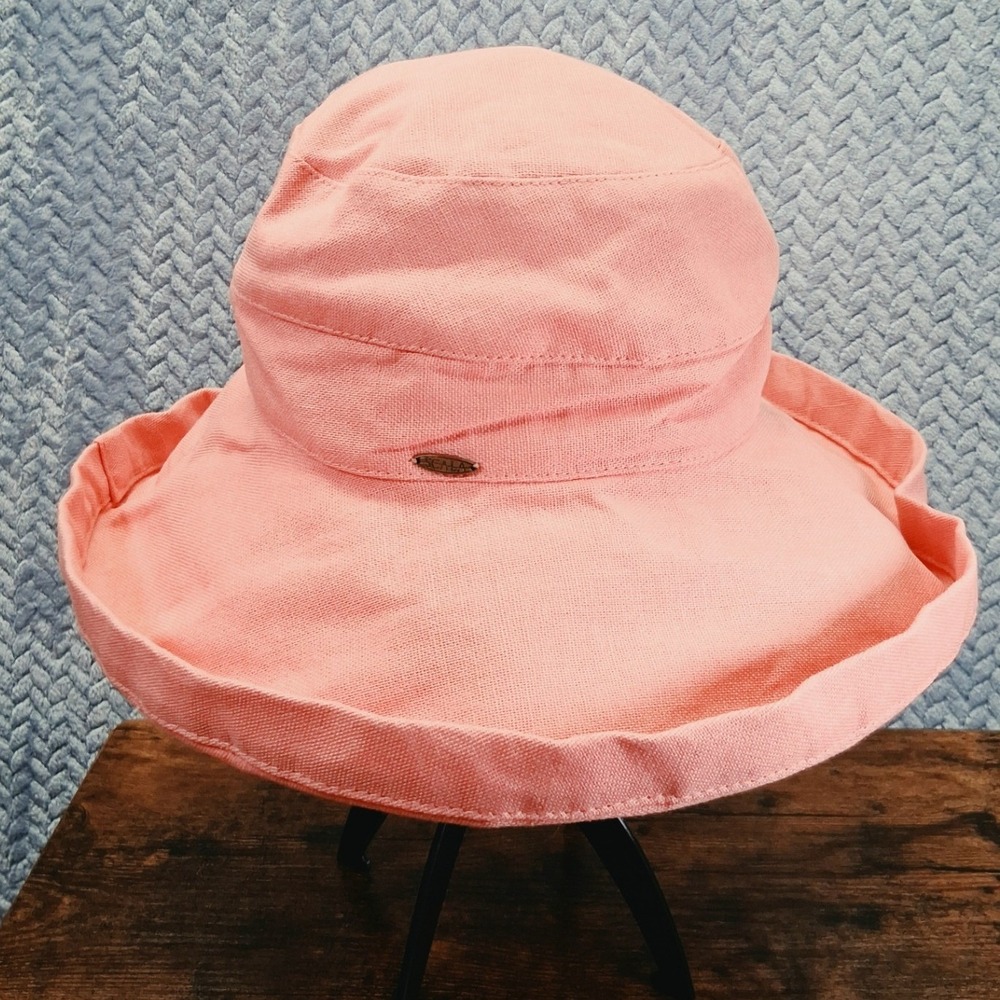 Scala Collezione Womens Coral Pink Linen Blend Wide Brim Sun Bucket Hat